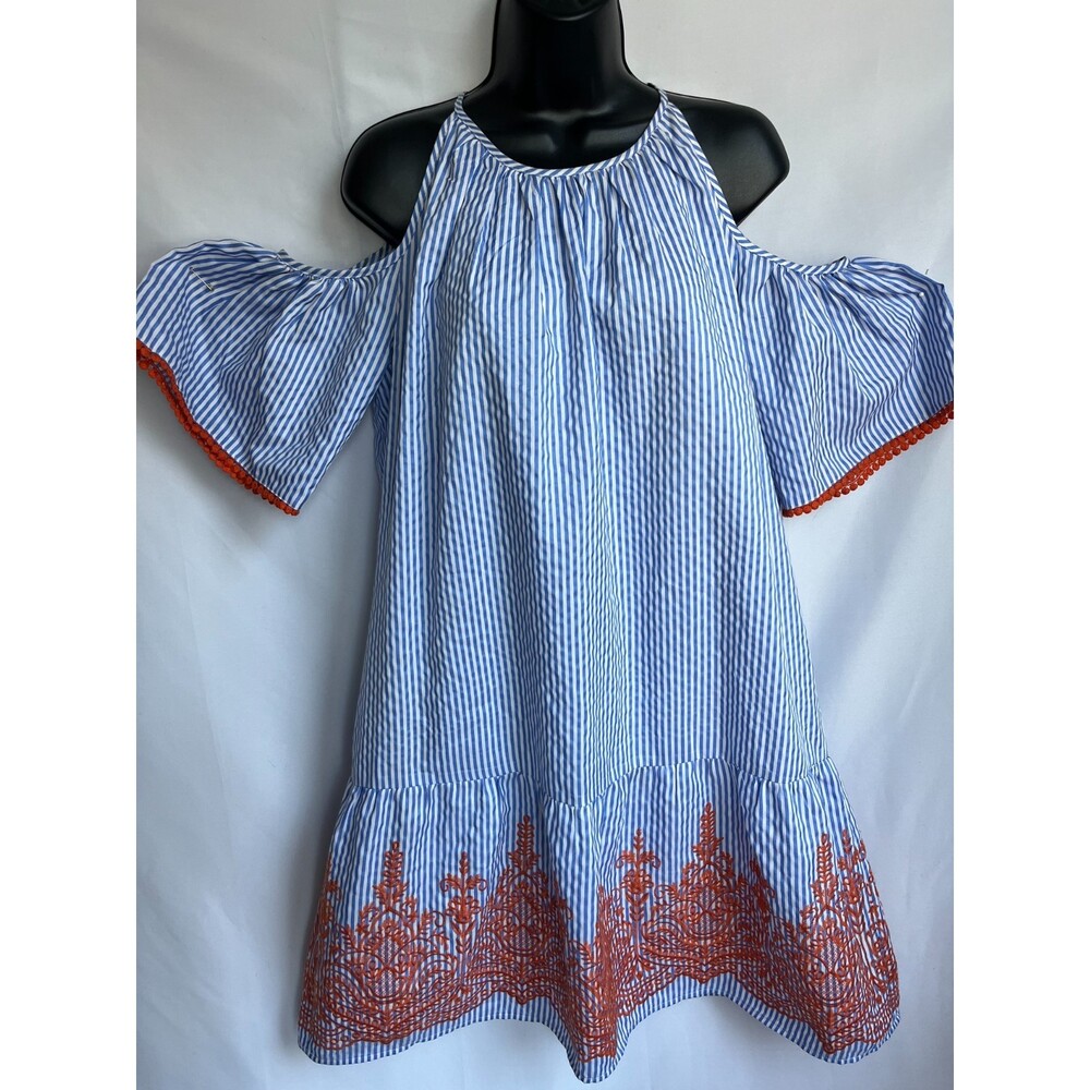 Maggy London Embroidered Striped Dress Size 10 Cold Shoulder Nautical Boho Cute
